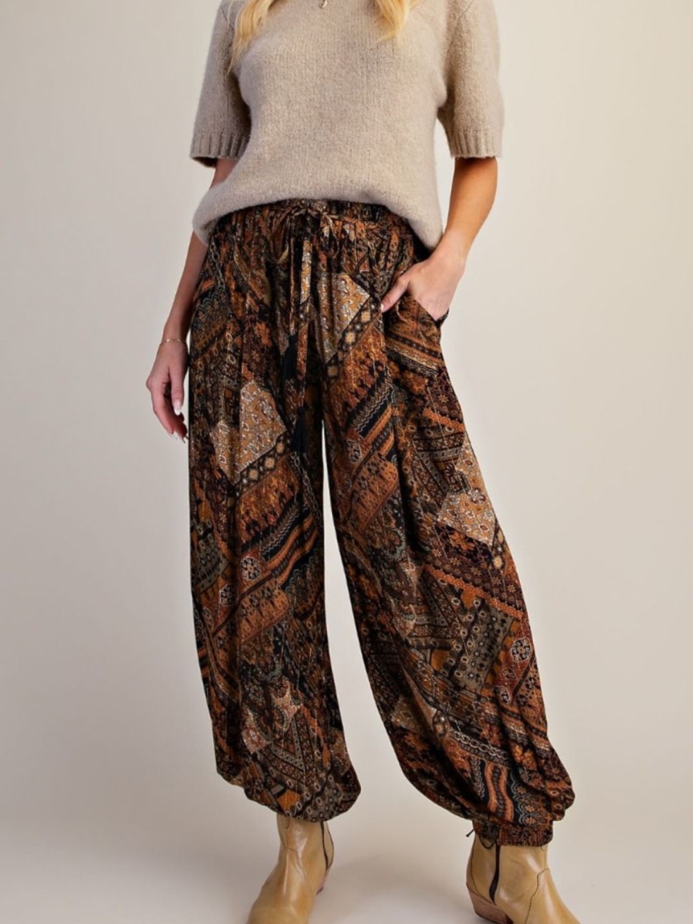 easel Wide Leg Boho Pants in Rust Multi Print - Picture 2 of 6